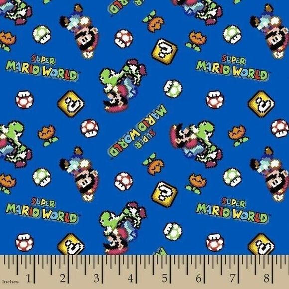 Super Mario World Nintendo Retro Toss Fat Quarter Precut 18 x 22-in Blue Cotton - Picture 1 of 3